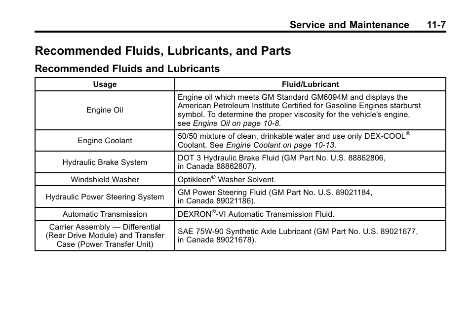 Recommended fluids, lubricants, and parts, Recommended fluids and lubricants, Recommended fluids | Lubricants, and parts -7, Recommended fluids and, Lubricants -7, Service and maintenance 11-7 | Buick 2010 Enclave User Manual | Page 403 / 440