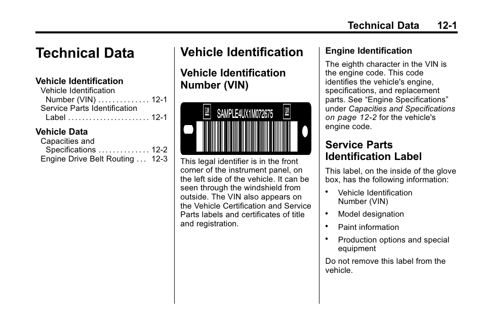 Technical data, Vehicle identification, Vehicle identification number (vin) | Service parts identification label, Technical data -1, Vehicle identification -1, Technical data 12-1 | Buick 2010 Enclave User Manual | Page 409 / 440