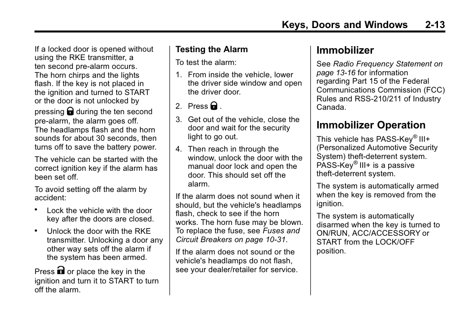 Immobilizer, Immobilizer operation, Immobilizer -13 immobilizer operation -13 | Keys, doors and windows 2-13 | Buick 2010 Enclave User Manual | Page 41 / 440