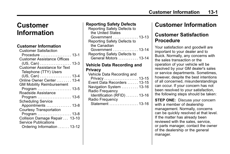 Customer information, Customer satisfaction procedure, Customer information -1 | Customer information 13-1 | Buick 2010 Enclave User Manual | Page 413 / 440