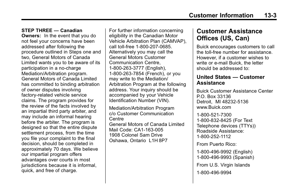 Customer assistance offices (us, can), Customer assistance offices, Us, can) -3 | Vehicle, Customer information 13-3 | Buick 2010 Enclave User Manual | Page 415 / 440