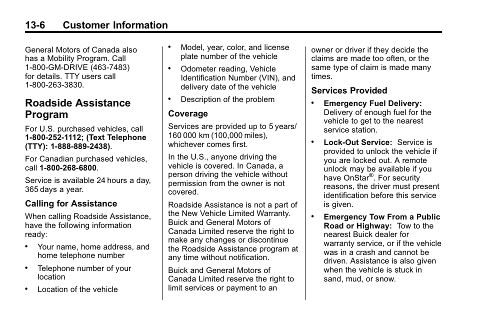 Roadside assistance program, Roadside assistance, Program -6 | Identification, 6 customer information | Buick 2010 Enclave User Manual | Page 418 / 440
