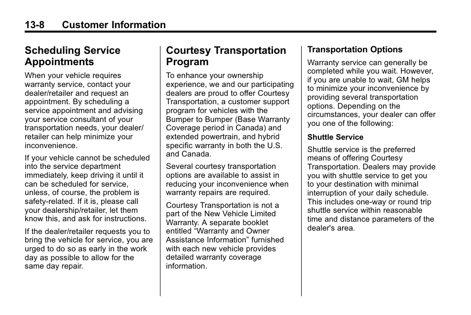 Scheduling service appointments, Courtesy transportation program, Scheduling service | Appointments -8, Courtesy transportation, Program -8 | Buick 2010 Enclave User Manual | Page 420 / 440