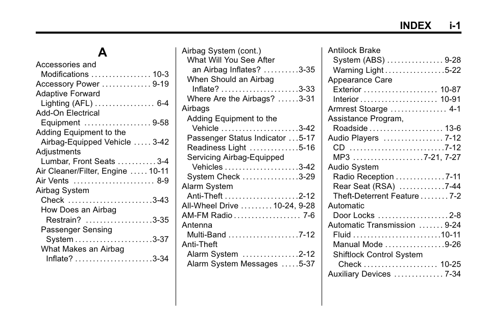 Index, Index_a, Index i-1 | Buick 2010 Enclave User Manual | Page 429 / 440