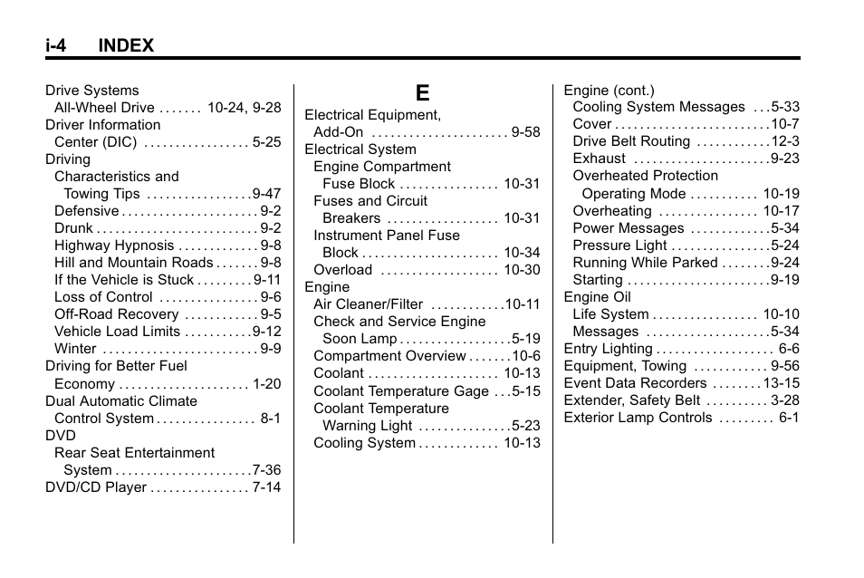 Index_e, I-4 index | Buick 2010 Enclave User Manual | Page 432 / 440