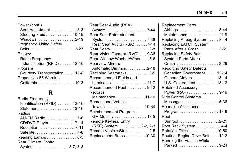 Index_r, Index i-9 | Buick 2010 Enclave User Manual | Page 437 / 440