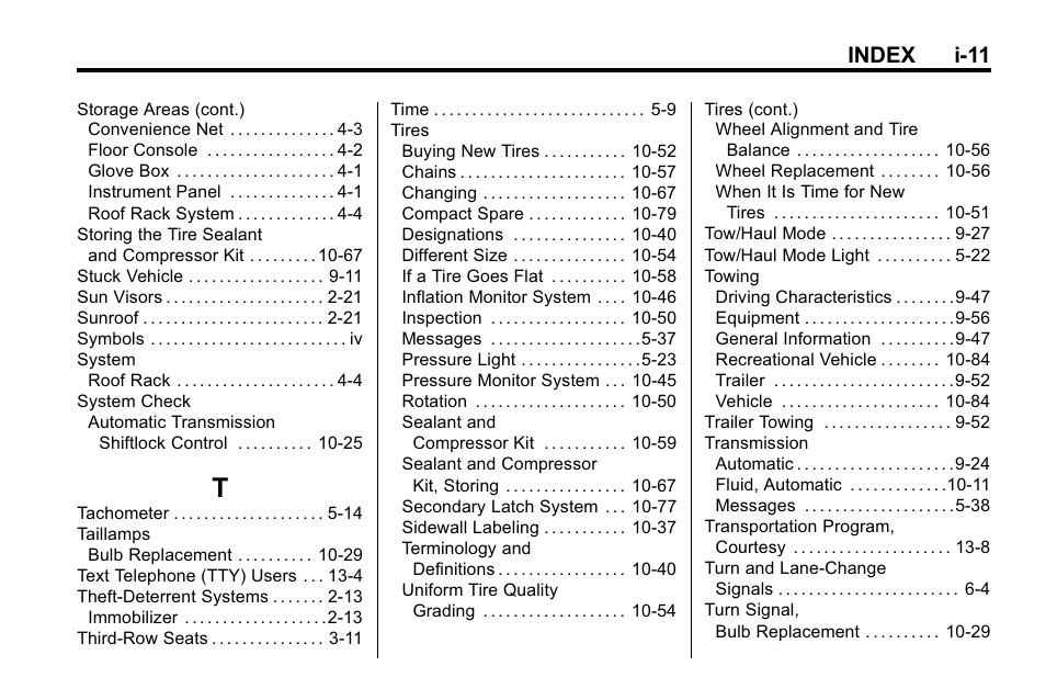 Index_t, Index i-11 | Buick 2010 Enclave User Manual | Page 439 / 440