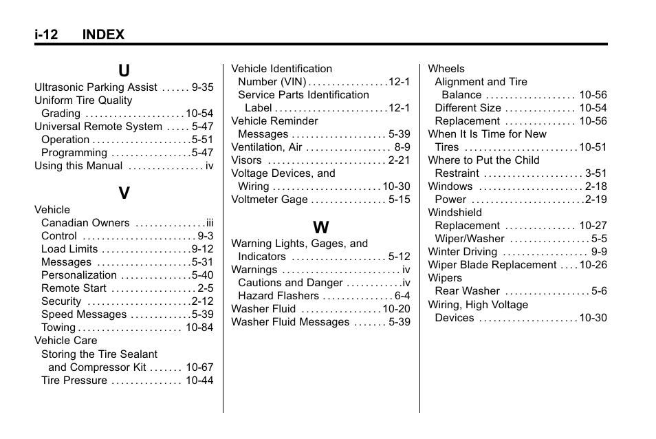 Index_u, Index_v, Index_w | I-12 index | Buick 2010 Enclave User Manual | Page 440 / 440