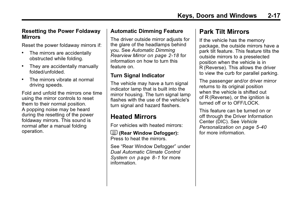 Heated mirrors, Park tilt mirrors, Mirrors -17 park tilt mirrors -17 | Keys, doors and windows 2-17 | Buick 2010 Enclave User Manual | Page 45 / 440