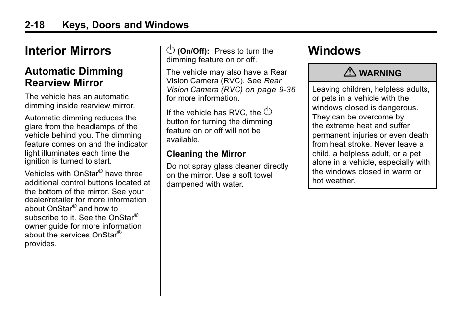 Interior mirrors, Automatic dimming rearview mirror, Windows | Interior mirrors -18 windows -18, Universal, Dimming, Rearview mirror -18, Windows -18, 18 keys, doors and windows | Buick 2010 Enclave User Manual | Page 46 / 440