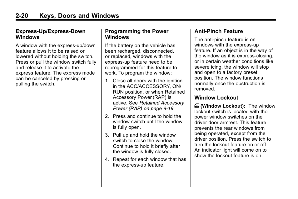 20 keys, doors and windows | Buick 2010 Enclave User Manual | Page 48 / 440