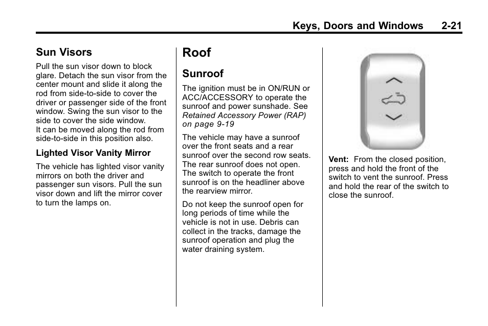Sun visors, Roof, Sunroof | Roof -21, Lighting, Sun visors -21, Sunroof -21 | Buick 2010 Enclave User Manual | Page 49 / 440