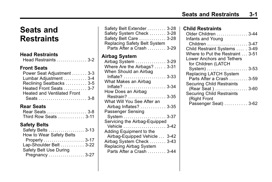 Seats and restraints, Seats and restraints -1, Seats and restraints 3-1 | Buick 2010 Enclave User Manual | Page 51 / 440