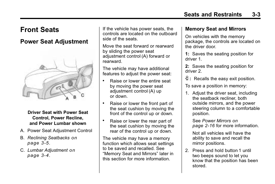 Front seats, Power seat adjustment, Front seats -3 | Power seat adjustment -3, When, Seats and restraints 3-3 | Buick 2010 Enclave User Manual | Page 53 / 440