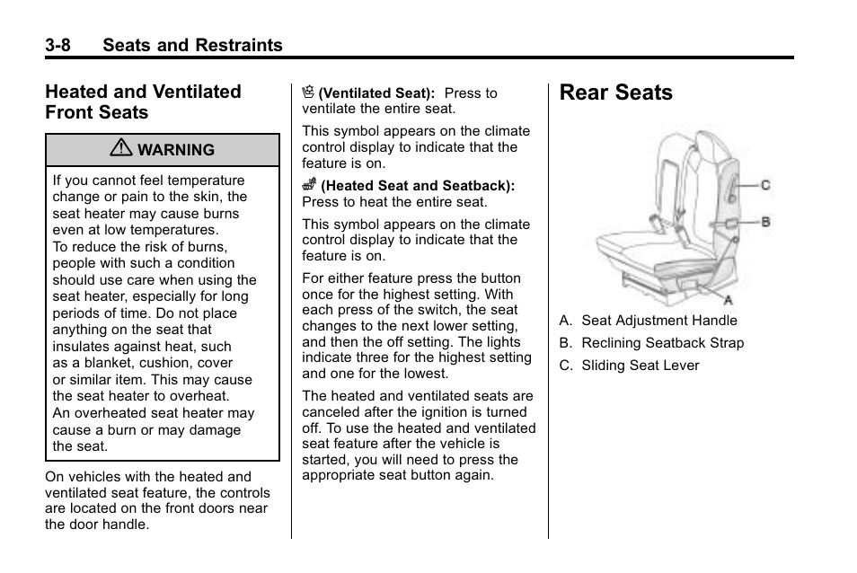 Heated and ventilated front seats, Rear seats, Rear seats -8 | Infotainment system, Heated and ventilated front, Seats -8, Passenger | Buick 2010 Enclave User Manual | Page 58 / 440