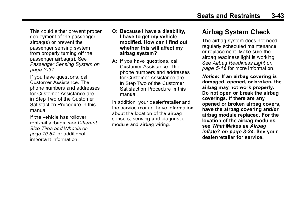 Airbag system check, Airbag system check -43, Seats and restraints 3-43 | Buick 2010 Enclave User Manual | Page 93 / 440