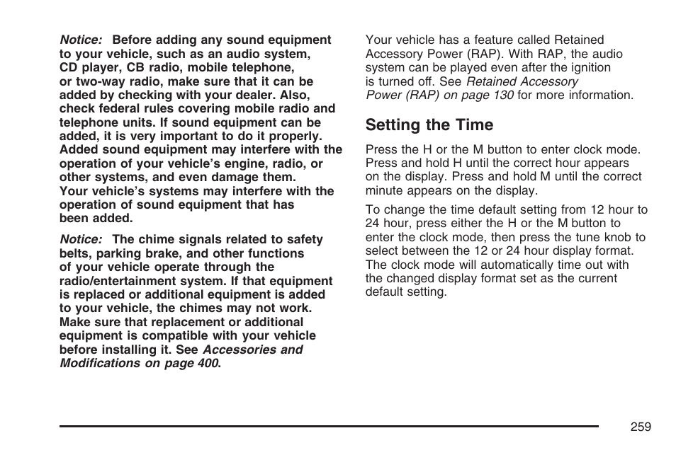 Setting the time | Buick 2007 Terraza User Manual | Page 259 / 562