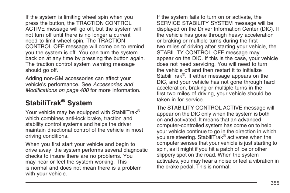 Stabilitrak® system, Stabilitrak, System | Buick 2007 Terraza User Manual | Page 355 / 562