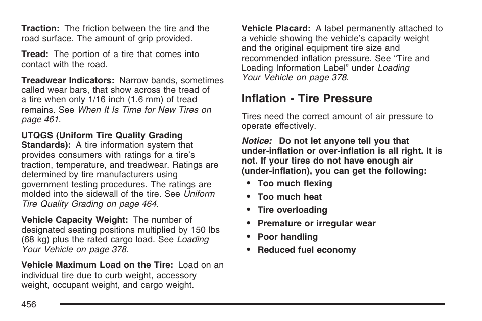 Inflation - tire pressure | Buick 2007 Terraza User Manual | Page 456 / 562