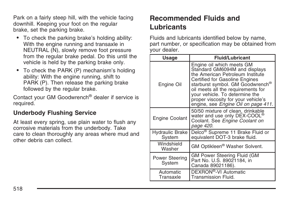 Recommended fluids and lubricants | Buick 2007 Terraza User Manual | Page 518 / 562