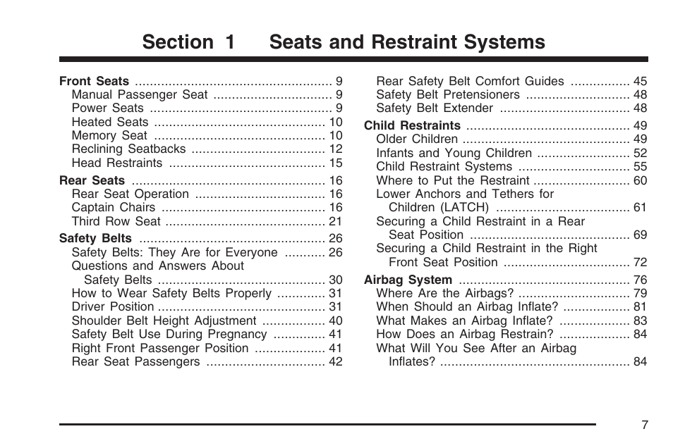 Seats and restraint systems | Buick 2007 Terraza User Manual | Page 7 / 562