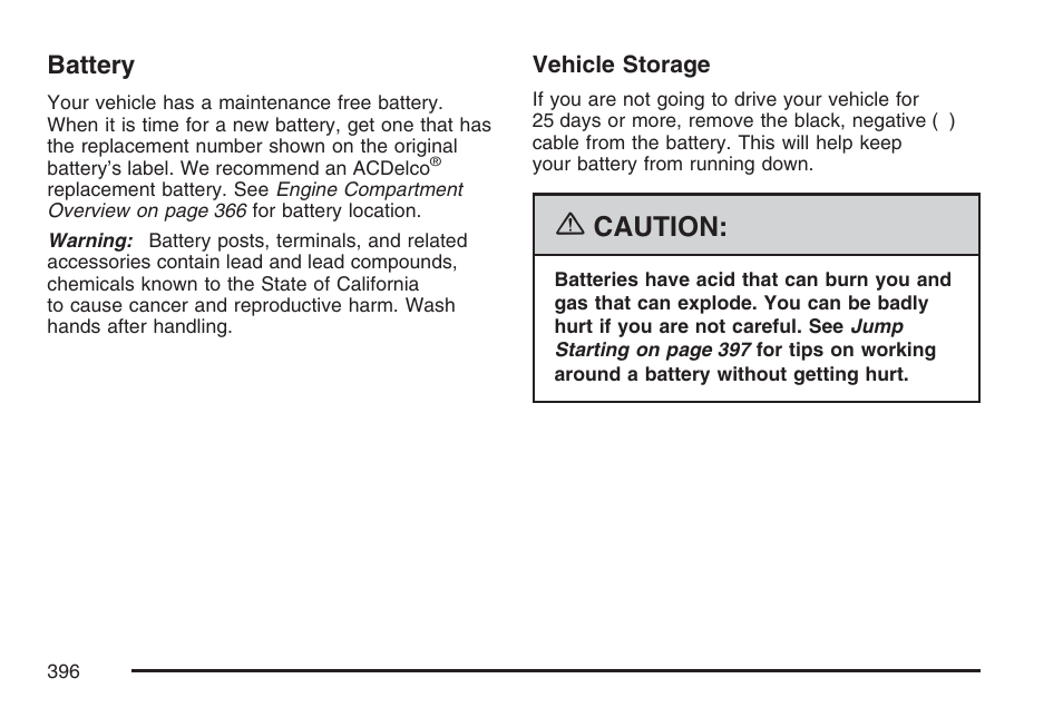 Battery, Caution | Buick 2007 Rainier User Manual | Page 396 / 534