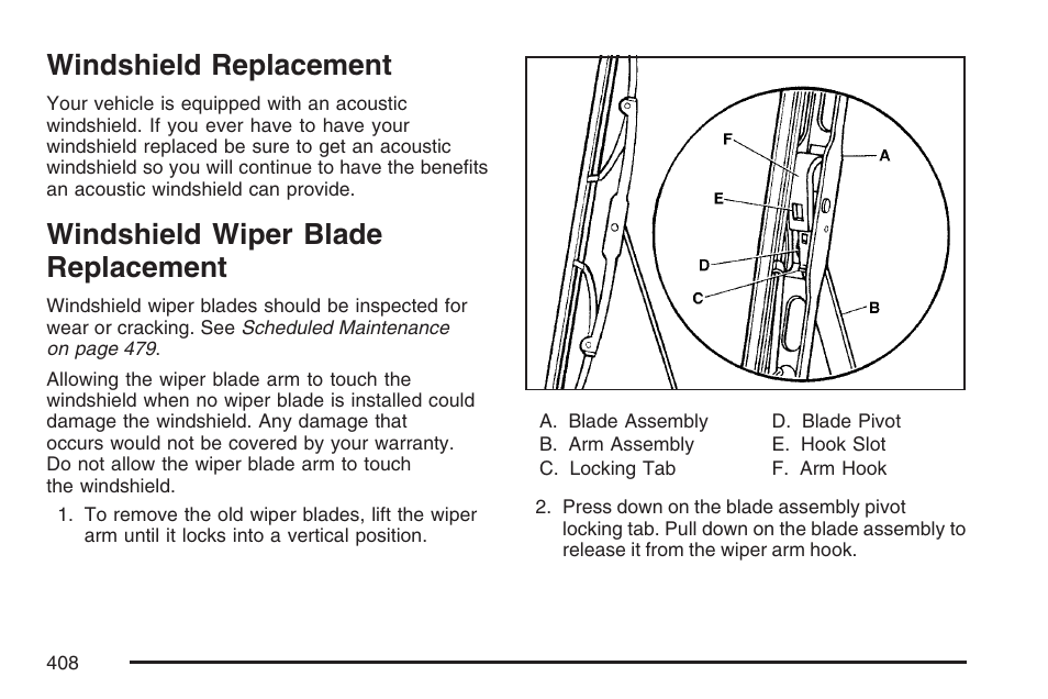 Windshield replacement, Windshield wiper blade replacement, Windshield wiper blade | Replacement | Buick 2007 Rainier User Manual | Page 408 / 534
