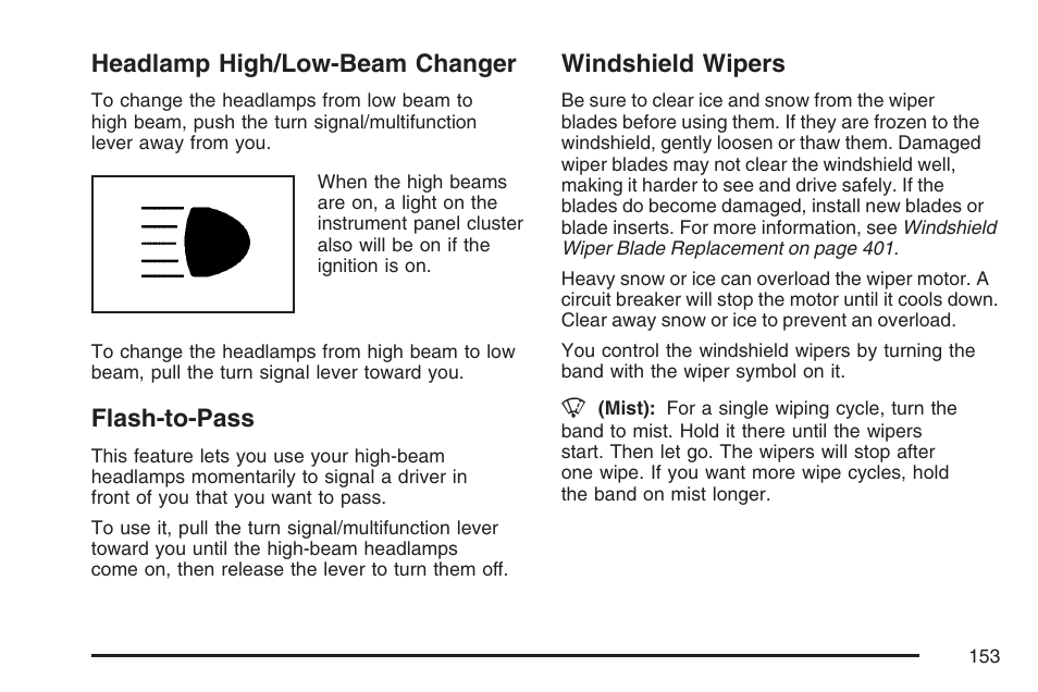 Headlamp high/low-beam changer, Flash-to-pass, Windshield wipers | Buick 2007 LaCrosse User Manual | Page 153 / 512