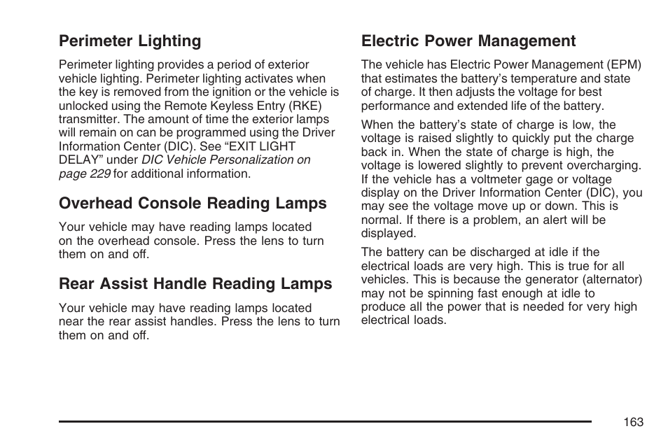 Perimeter lighting, Overhead console reading lamps, Rear assist handle reading lamps | Electric power management | Buick 2007 LaCrosse User Manual | Page 163 / 512