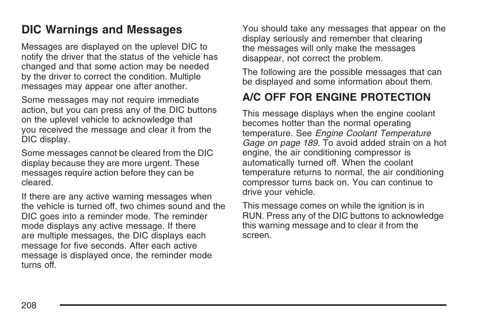 Dic warnings and messages | Buick 2007 LaCrosse User Manual | Page 208 / 512