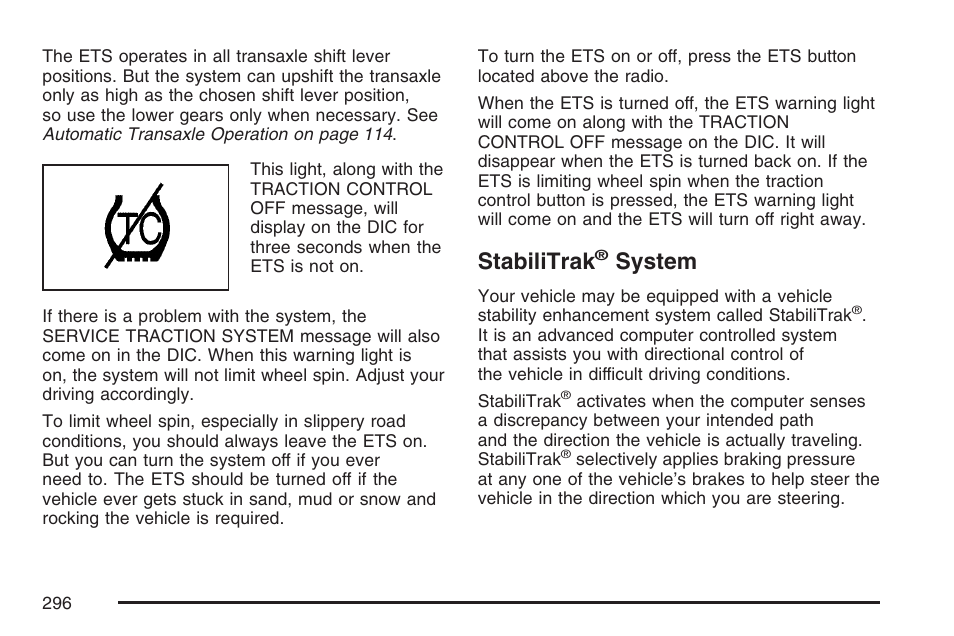 Stabilitrak® system, Stabilitrak, System | Buick 2007 LaCrosse User Manual | Page 296 / 512