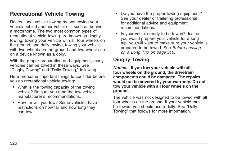 Recreational vehicle towing | Buick 2007 LaCrosse User Manual | Page 326 / 512