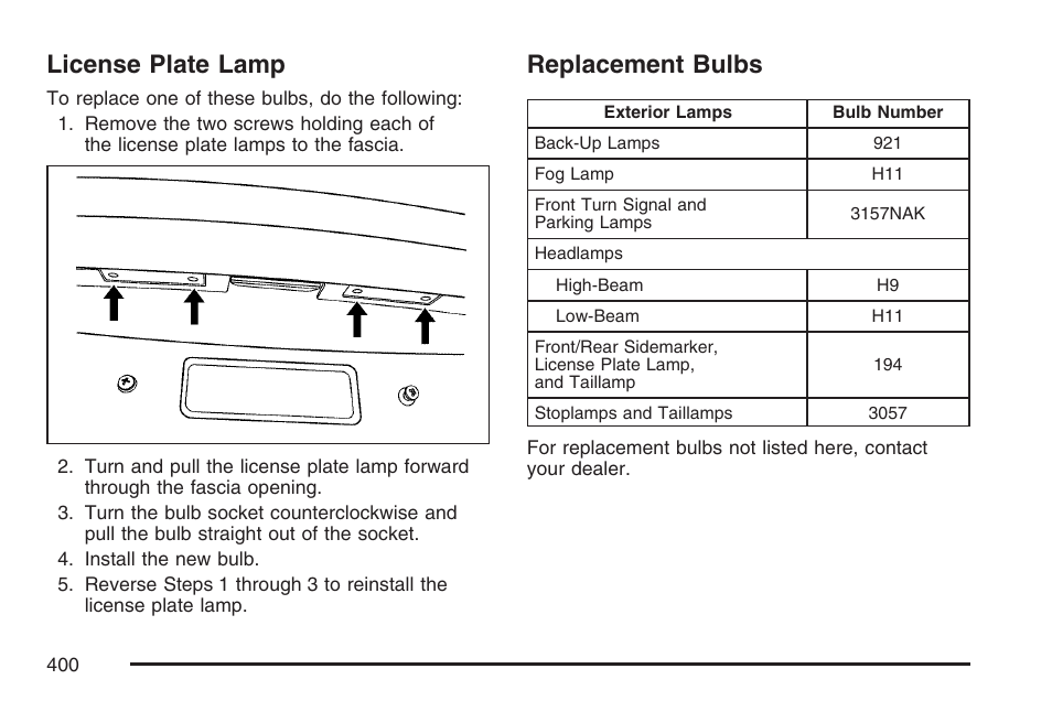 License plate lamp, Replacement bulbs, License plate lamp replacement bulbs | Buick 2007 LaCrosse User Manual | Page 400 / 512