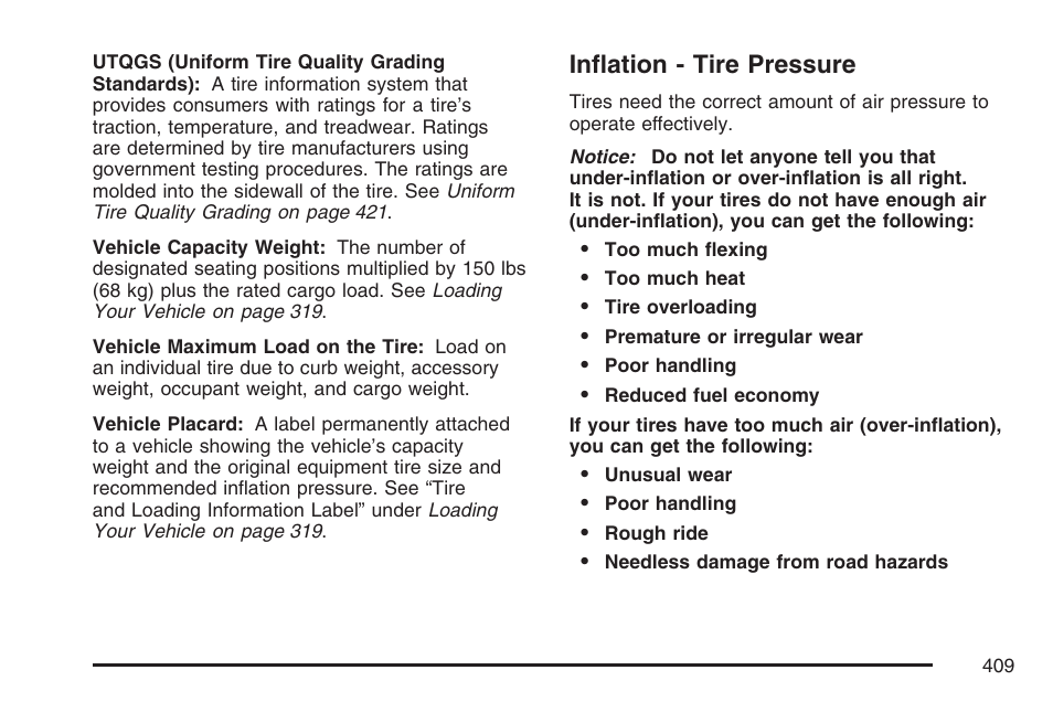 Inflation - tire pressure | Buick 2007 LaCrosse User Manual | Page 409 / 512