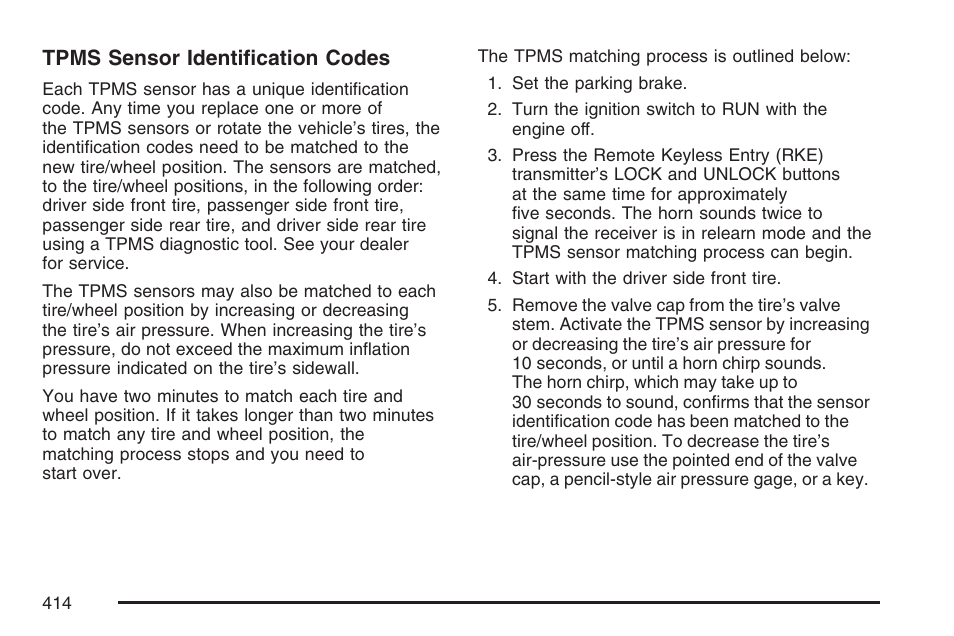 Tpms sensor identification codes | Buick 2007 LaCrosse User Manual | Page 414 / 512