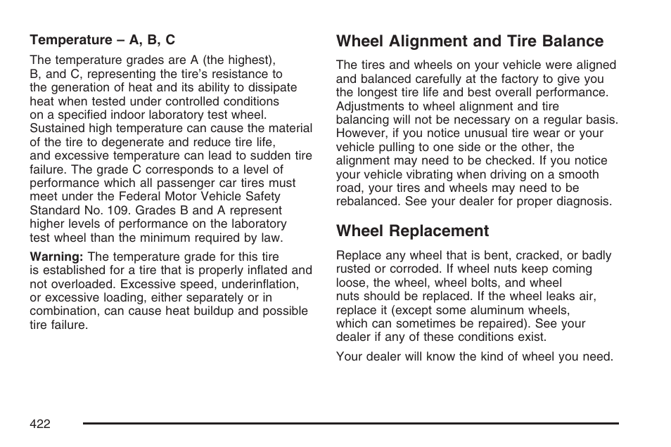 Wheel alignment and tire balance, Wheel replacement, Wheel alignment and tire balance wheel replacement | Buick 2007 LaCrosse User Manual | Page 422 / 512
