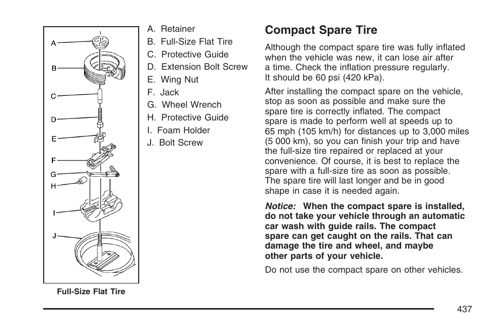 Compact spare tire | Buick 2007 LaCrosse User Manual | Page 437 / 512
