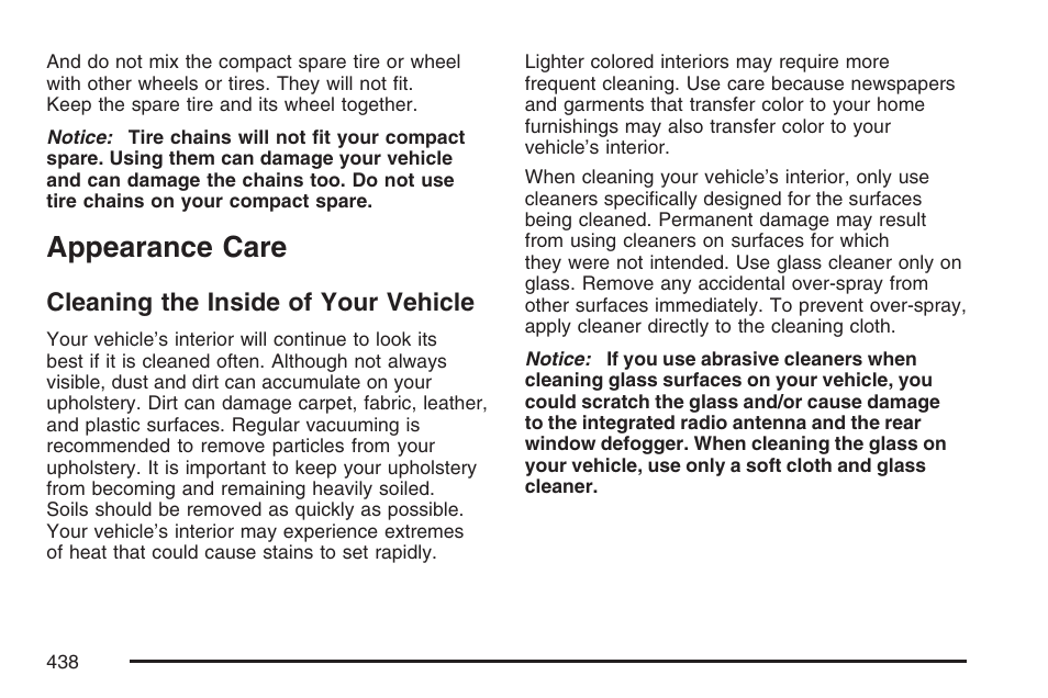 Appearance care, Cleaning the inside of your vehicle | Buick 2007 LaCrosse User Manual | Page 438 / 512