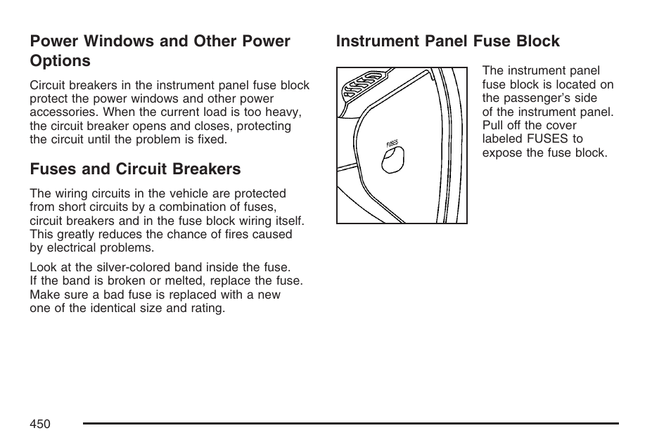 Power windows and other power options, Fuses and circuit breakers, Instrument panel fuse block | Power windows and other power, Options | Buick 2007 LaCrosse User Manual | Page 450 / 512