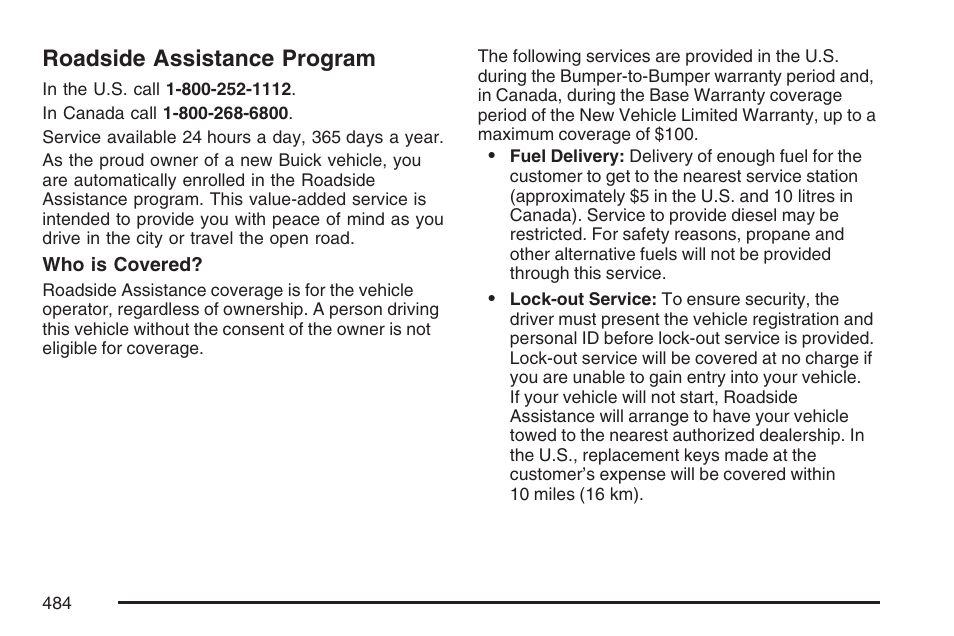Roadside assistance program | Buick 2007 LaCrosse User Manual | Page 484 / 512