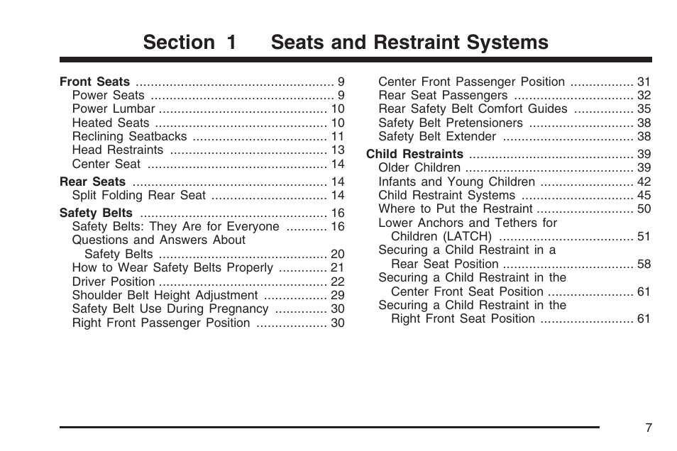 Seats and restraint systems | Buick 2007 LaCrosse User Manual | Page 7 / 512