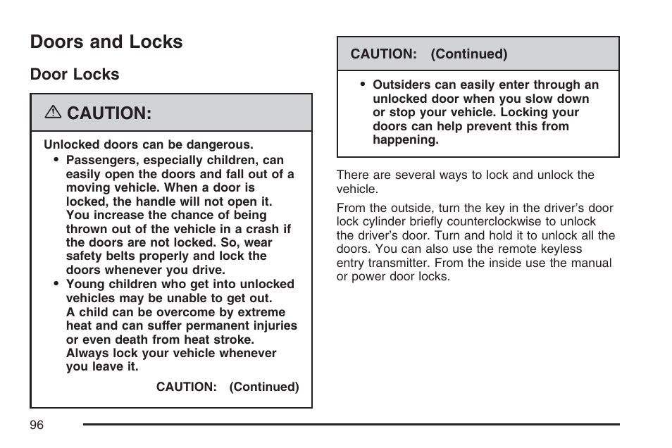 Doors and locks, Door locks, Caution | Buick 2007 LaCrosse User Manual | Page 96 / 512