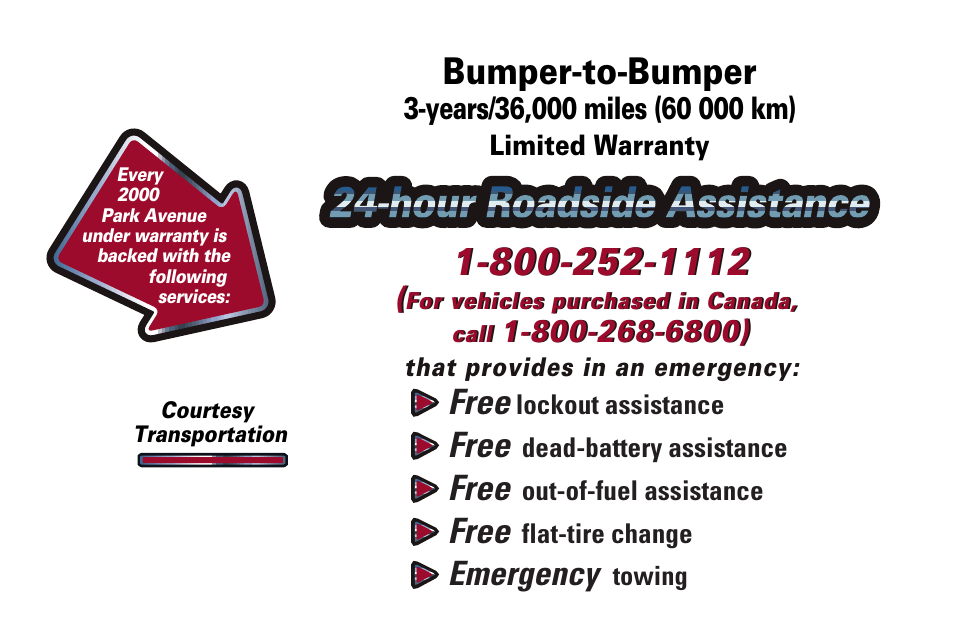 Hour roadside assistance, Bumper-to-bumper, Free | Emergency | Buick 2000 Park Avenue User Manual | Page 2 / 392