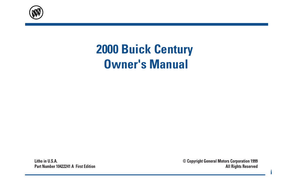 Copyright general motors corp. 1999, 2000 buick century owner's manual | Buick 2000 Century User Manual | Page 3 / 344