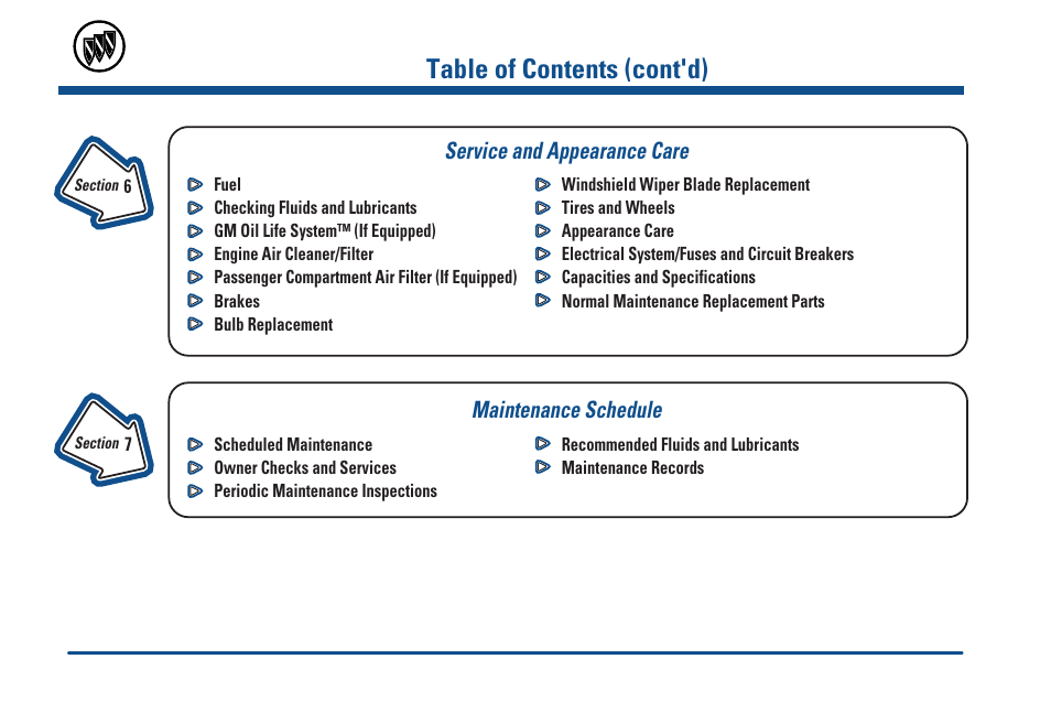 Service and aappearance care, Maintenance schedule, Table of contents (cont'd) | Buick 2000 Century User Manual | Page 6 / 344