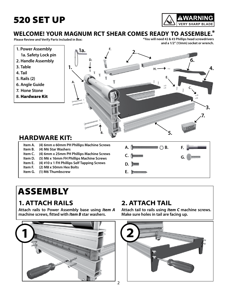 520 set up, Assembly, Attach rails | Attach tail, Hardware kit | Bullet Tools RCT 520 User Manual | Page 3 / 8