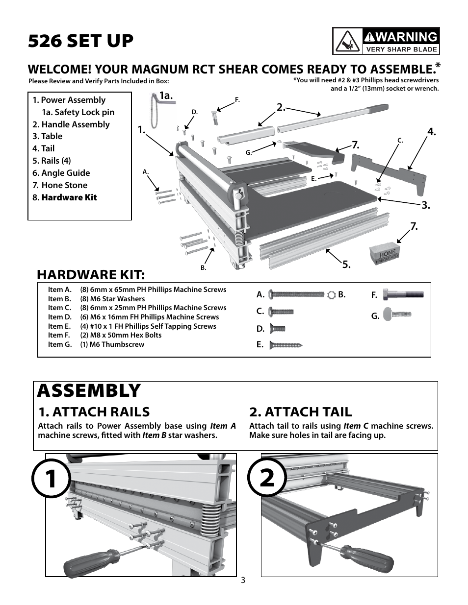 526 set up, Assembly, Attach rails | Attach tail, Hardware kit | Bullet Tools RCT 520 User Manual | Page 4 / 8