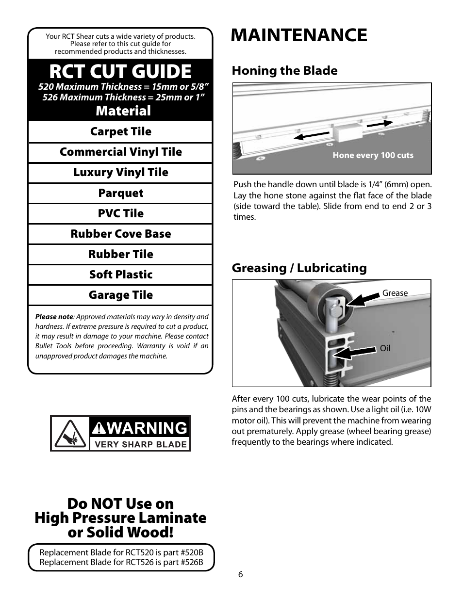 Rct cut guide, Maintenance, Do not use on high pressure laminate or solid wood | Material | Bullet Tools RCT 520 User Manual | Page 7 / 8