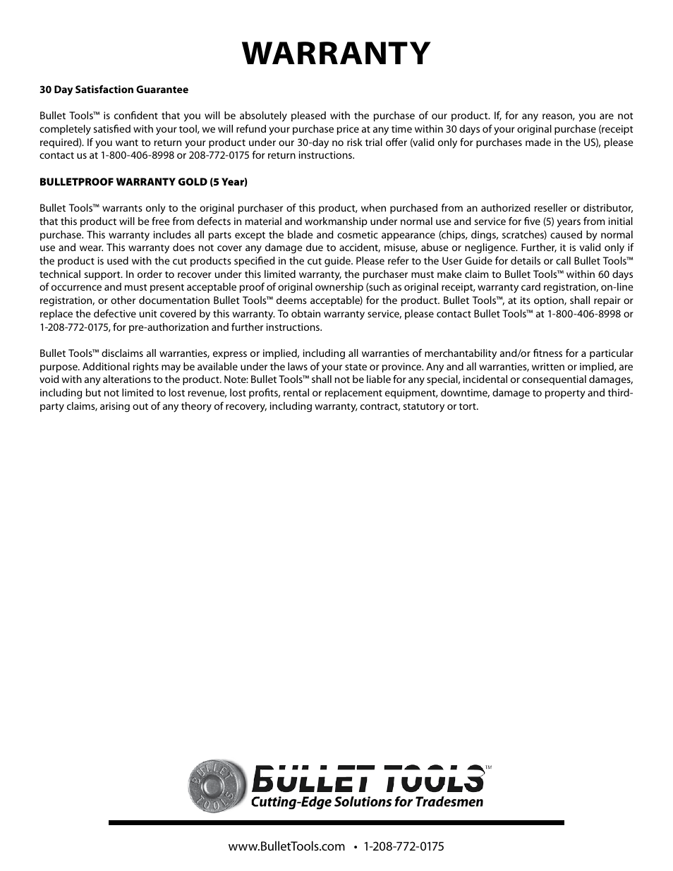 Warranty | Bullet Tools RCT 520 User Manual | Page 8 / 8