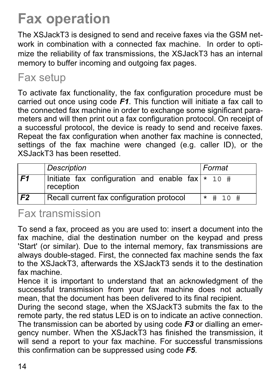 Fax operation, Fax setup, Fax transmission | 4G Systems XSJack T3e User Manual | Page 14 / 33